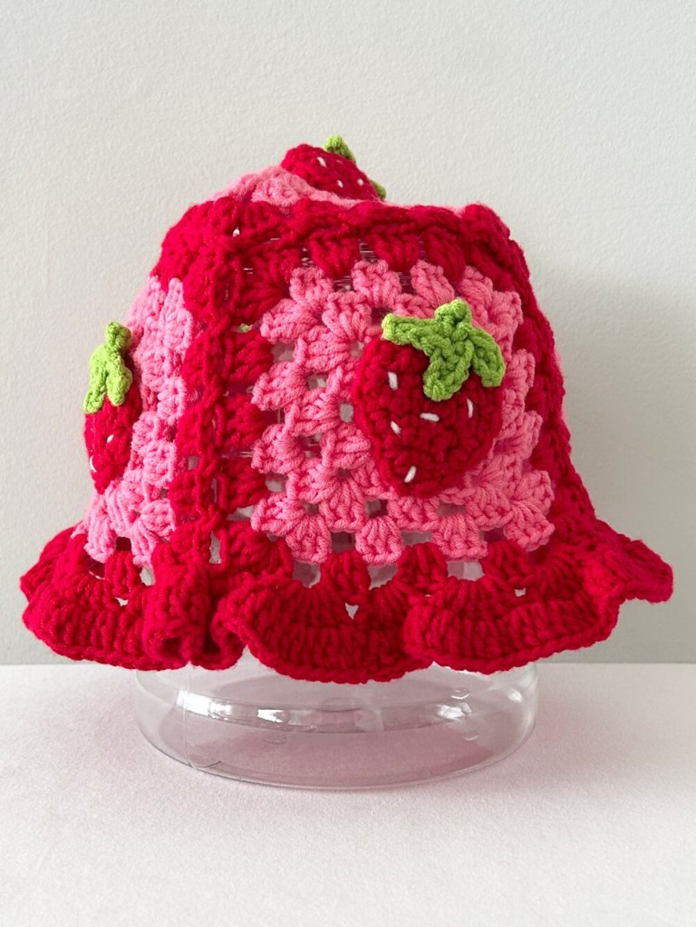Cute Strawberry Crochet Hat Knit Bucket Hat Red Pink Summer Beret One Size